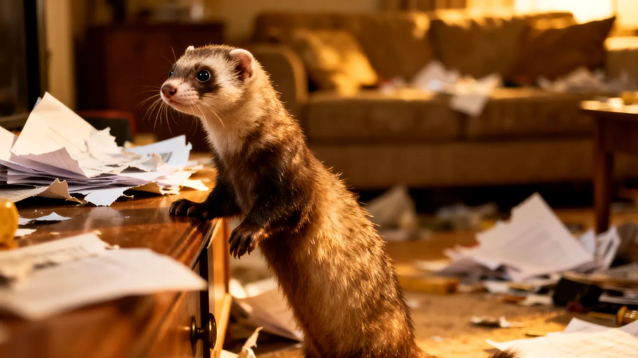 Ein erwachsenes Frettchen zeigt destruktives Verhalten und übermäßige Aktivität in der Wohnung, was auf mangelnde mentale Stimulation und unzureichende Routine hinweist"