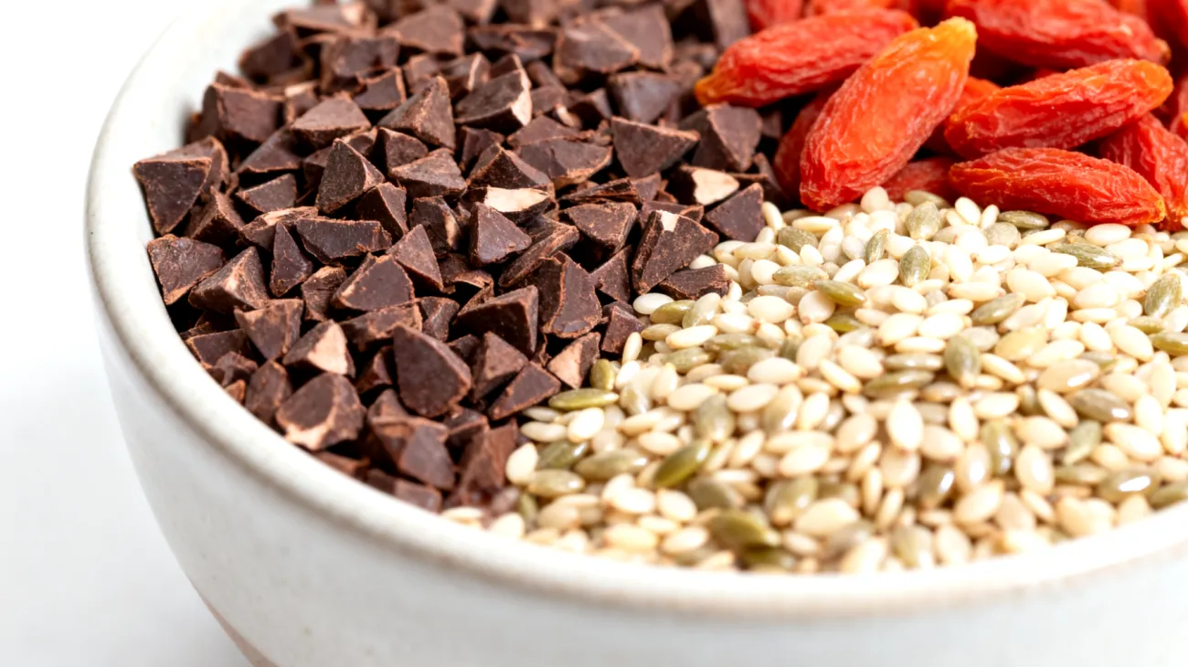 Kakaonibs mit Hanfsamen und getrockneten Goji-Beeren"